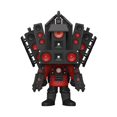 Boneco estilizado com grande cabeça de altifalantes e corpo vestido de vermelho e preto.