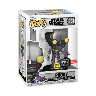 Funko Pop Star Wars Proxy 551, figura vinil cinza preto amarelo roxo com luz Glow In The Dark na caixa