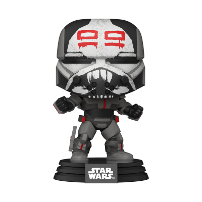 Funko Pop Star Wars com capacete cinza e branco e marcas vermelhas