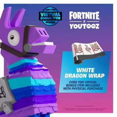 Promoção Fortnite x Youtooz com figura roxa e azul e wrap branco com dragões