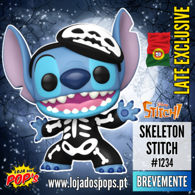 Figura Pop! vinil Stitch vestido de esqueleto com terno preto e ossos brancos, fundo lua cheia e galhos secos
