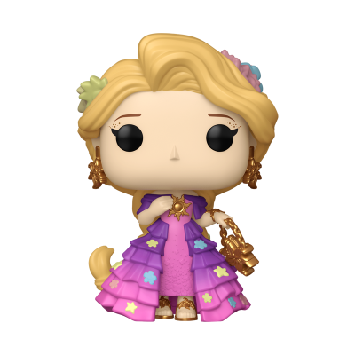 Figura colecionável Funko Pop de Rapunzel com vestido rosa e roxo e cabelo loiro