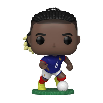 Figura Funko Pop de jogador de futebol com uniforme azul e branco a controlar bola branca