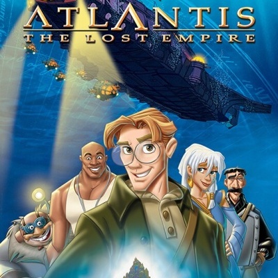 Cartaz do filme de animação Disney Atlantis The Lost Empire com cinco personagens e paisagem submersa