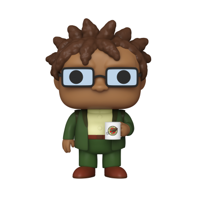 Figura colecionável Funko Pop com roupa verde e caneca com logotipo Planet Express