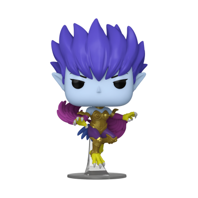 Figura colecionável com cabelo roxo e armadura dourada e roxa