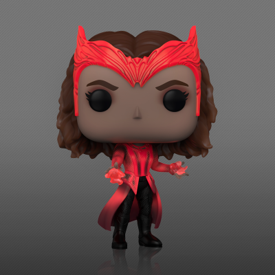 Figura Funko Pop da personagem Wanda Maximoff com máscara e roupa vermelha