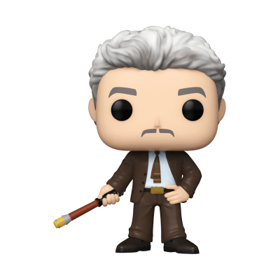 Boneco Funko Pop masculino com cabelo branco, fato castanho, segurando bastão