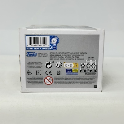 Embalagem traseira de produto Funko com códigos e símbolos de reciclagem