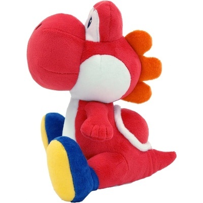 Pelúcia vermelha e branca com pés azuis e amarelos e espinhos laranjas