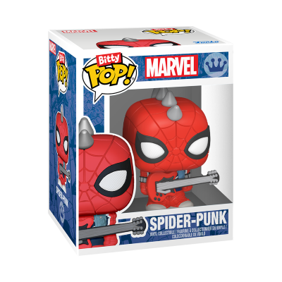 Figura Spider-Punk Bitty Pop! Marvel em caixa transparente com base branca.