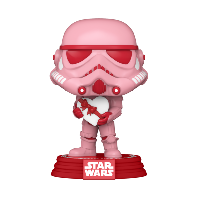 Figura Funko Pop Stormtrooper rosa segurando caixa coração com base vermelha STAR WARS