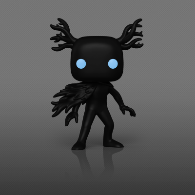 Figura boneco preto com olhos azuis e galhos como chifres em fundo cinzento