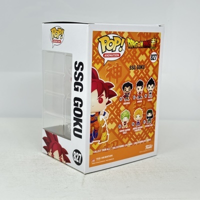 Caixa branca Funko Pop! SSG Goku Dragon Ball Super número 827 com desenhos de bonecos da coleção