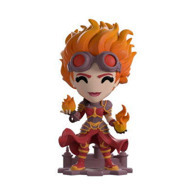 Figura colecionável de personagem com cabelo laranja flamejante e roupas vermelhas e douradas