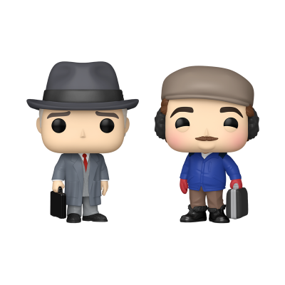 Duas figuras Funko Pop, homem de fato cinza e homem com jaqueta azul e chapéu bege
