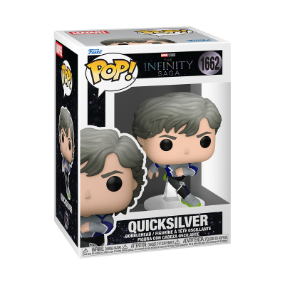 Boneco Funko Pop! Quicksilver da Marvel numa caixa com fundo preto e texto Infinity Saga.