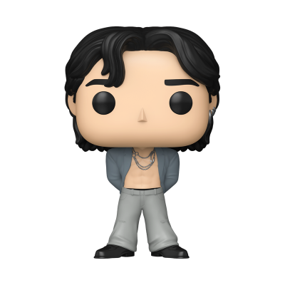 Figura Funko Pop com cabelo preto, roupa cinzenta e colares