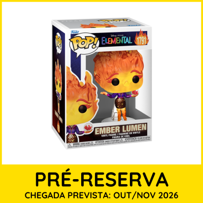 Figura Pop! Ember Lumen Disney Pixar Elemental na caixa com fundo branco e borda amarela com texto de pré-reserva.