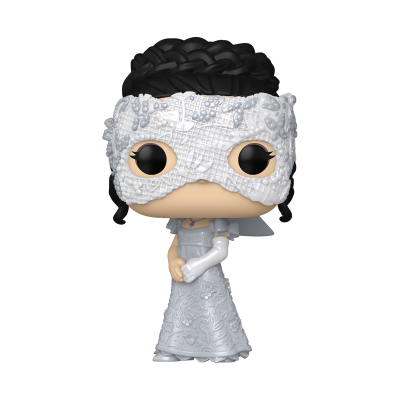 Figura Funko Pop com máscara branca e vestido cinza claro com padrão floral