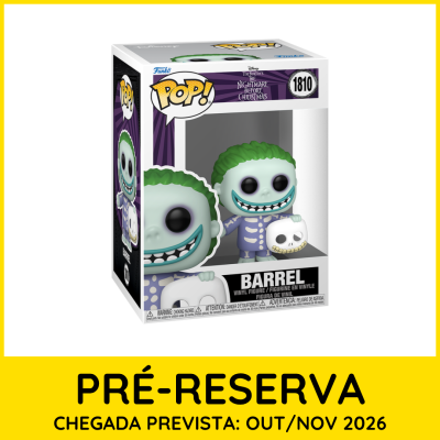 Boneco de vinil POP! do personagem Barrel de The Nightmare Before Christmas na embalagem.