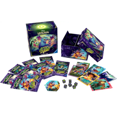 Conjunto de cartas colecionáveis Disney Lorcana com dados e embalagem violeta