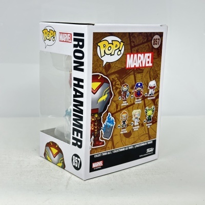 Figura POP! Marvel Iron Hammer nº 857 em caixa com janela transparente e imagens de outros personagens Marvel