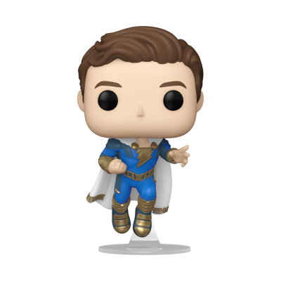 Figura colecionável Funko Pop de super-herói azul e dourado com capa branca