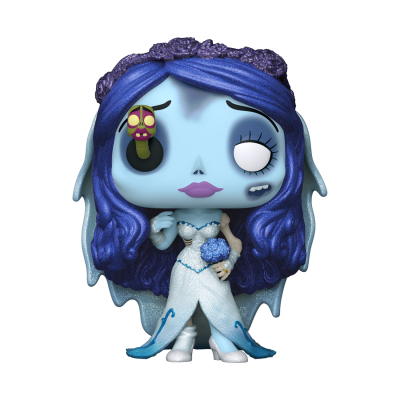 Figura colecionável Funko Pop azul com vestido branco e cabelo azul-púrpura