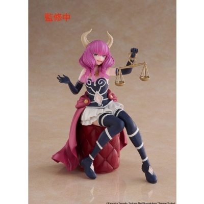 Figura colecionável de personagem feminina com chifres e cabelo rosa sentada num banco vermelho