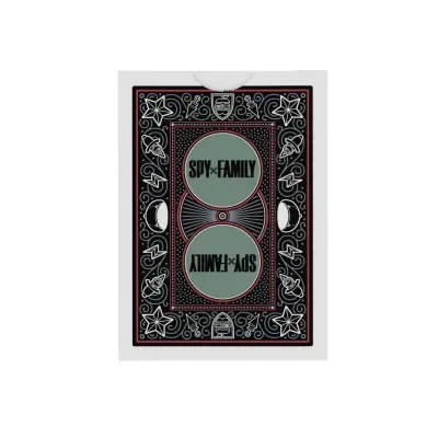Caixa branca com padrão gráfico preto, vermelho e verde com texto SPY×FAMILY