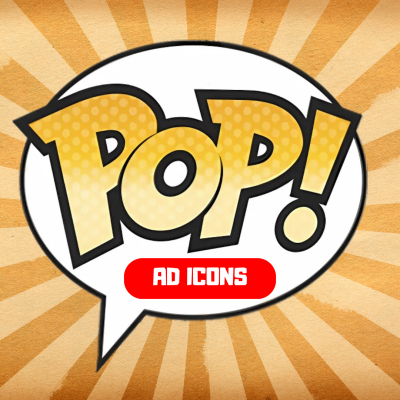 Balão de fala com texto POP! AD ICONS em fundo listrado castanho e bege