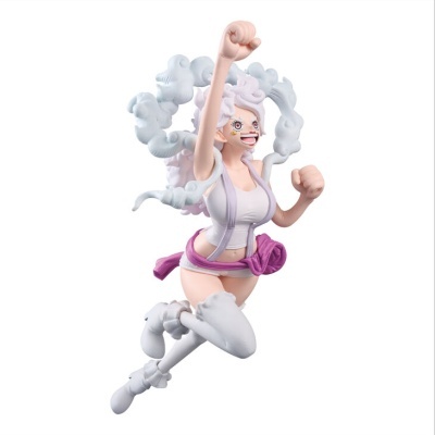 Figura colecionável de personagem feminina com cabelo branco cacheado, roupa branca e rosa, botas brancas, em pose de salto.