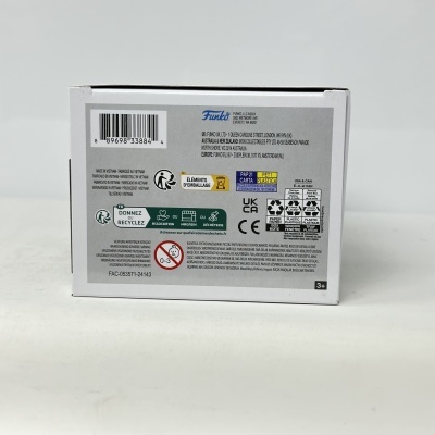 Parte traseira da embalagem Funko com código de barras e informações de reciclagem