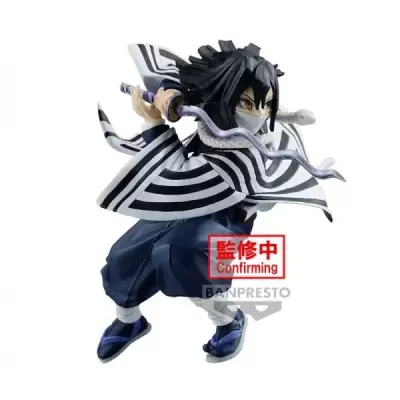 Figura de ação de personagem de anime com quimono preto e branco e espada roxa