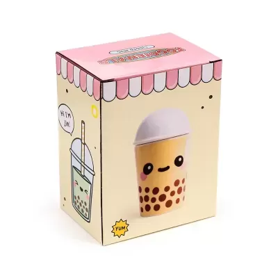 Caixa rosa creme com chávena ilustrada sorridente em tom amarelo com bolinhas castanhas