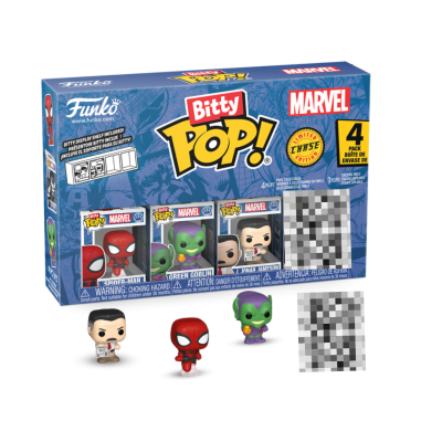 Embalagem azul de colecionáveis Funko Bitty Pop! Marvel com miniaturas do Doutor Estranho, Homem-Aranha e Duende Verde.