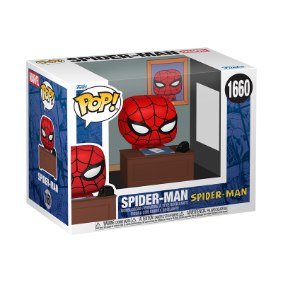 Figura Funko Pop! Spider-Man número 1660 numa caixa com janela transparente, mostra Homem-Aranha numa secretária castanha.