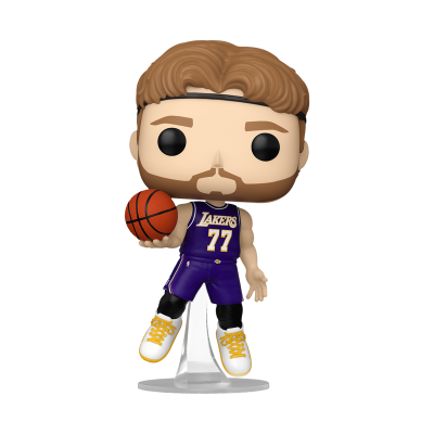 Figurina Funko Pop de jogador de basquetebol dos Lakers com bola e fato roxo