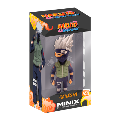 Figura colecionável Kakashi Naruto Shippuden em caixa preta com detalhes coloridos