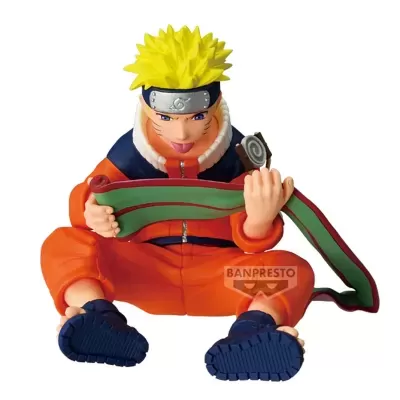 Figura de ação de Naruto sentado com roupa laranja e azul e cabelo amarelo