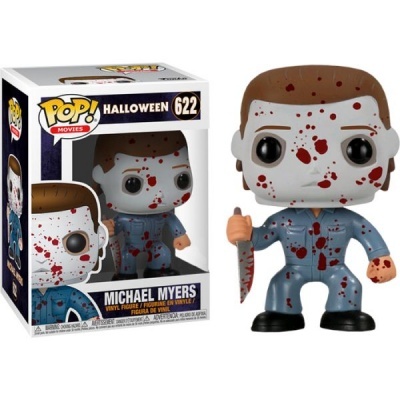 Funko Pop Michael Myers Halloween nº 622 com roupa azul e sangue vermelho segurando faca em caixa
