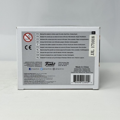 Embalagem branca com texto em várias línguas, código de barras e logo Funko