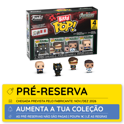 Conjunto de 4 figuras Funko Bitty Pop! dos Avengers em caixa com aviso de pré-reserva