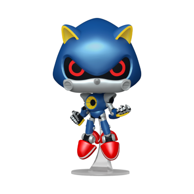 Figura Funko Pop azul com detalhes amarelos e vermelhos em fundo preto