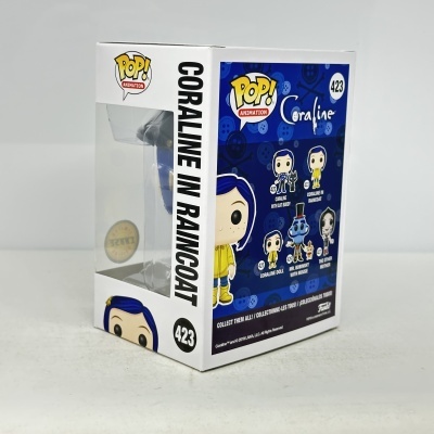 Caixa de Funko POP! Animation Coraline in Raincoat número 423, figura com casaco amarelo e cabelo azul