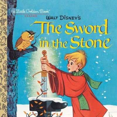 Capa do livro 'The Sword in the Stone' com criança puxando espada numa pedra e coruja