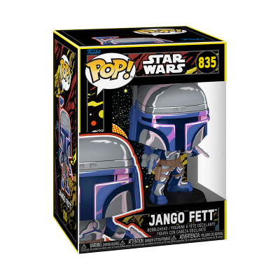 Figura Funko Pop! Jango Fett Star Wars em caixa preta com detalhes amarelos
