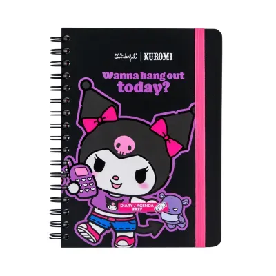 Agenda 2027 capa preta com personagem Kuromi e texto em rosa