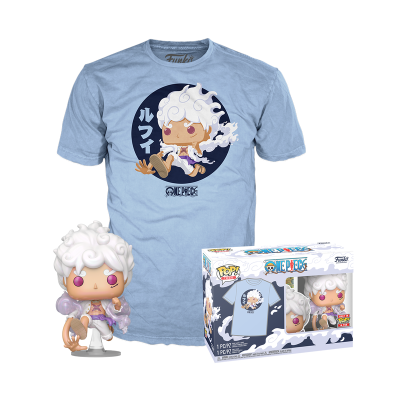 Funko Pop e t-shirt azul claro com personagem e texto ONE PIECE